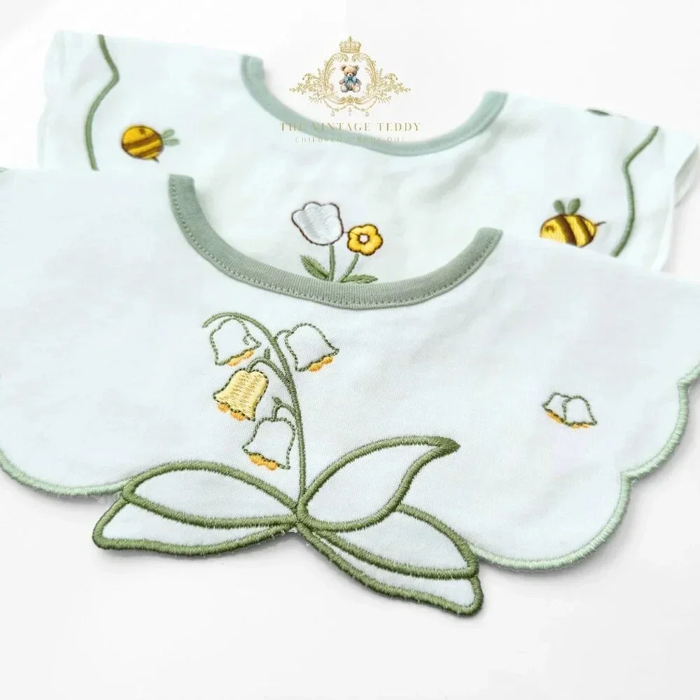 NWT Lovely Boutique Embroidered Girls Baby Bibs Tulips & Bumble Bees Set of 2